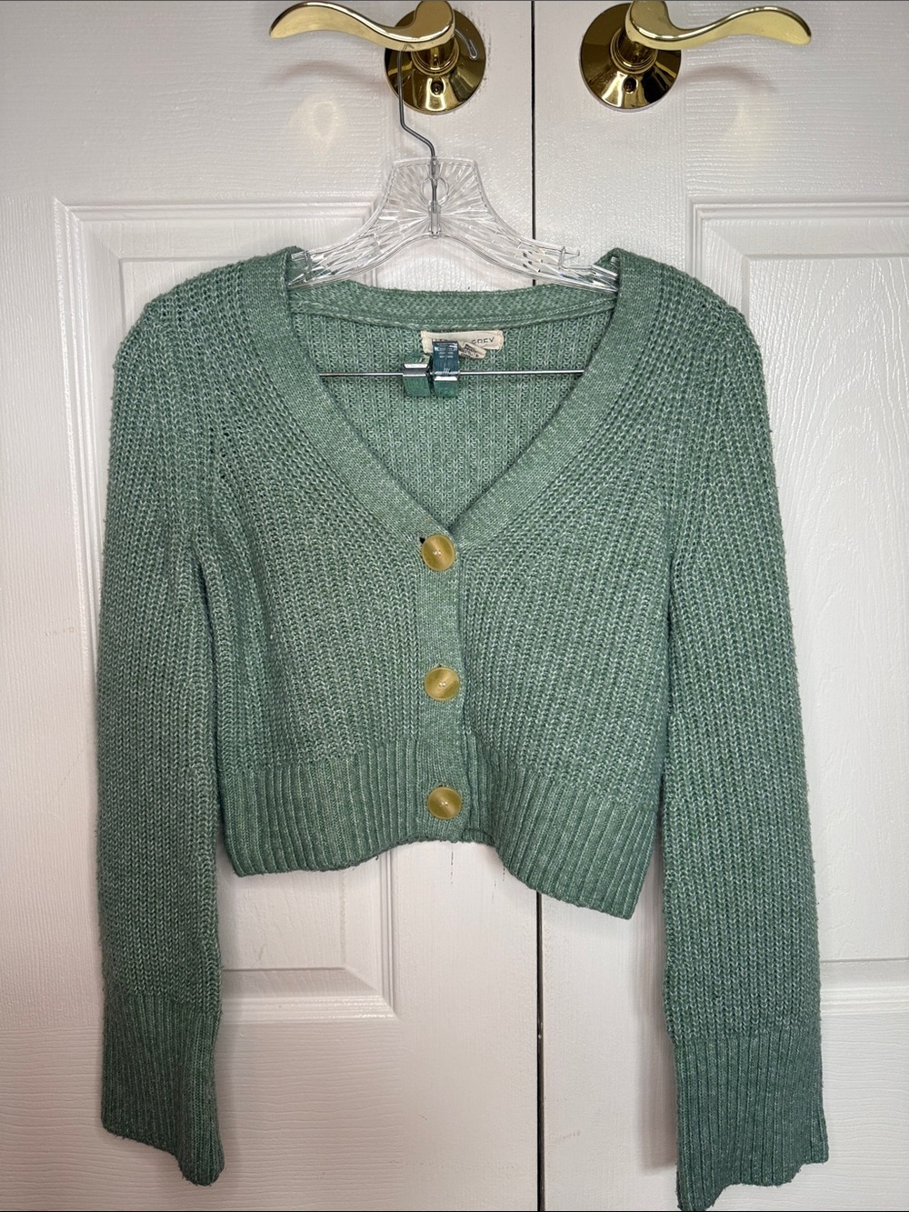 Cropped V-Neck Button Cardigan in Sage Green